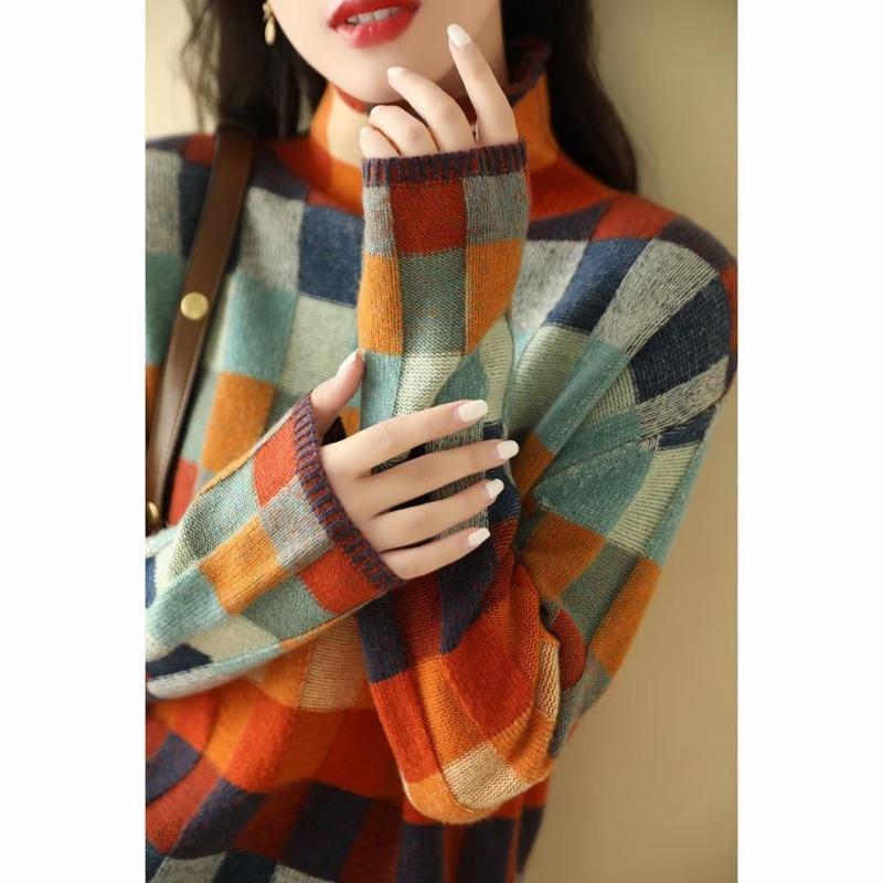 Rainbow plaid knitted sweater women's fashion contrasting color turtleneck sweater autumn and winter new loose lazy pullover