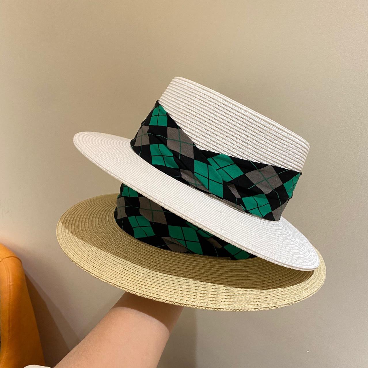 

checkerboard webbing straw hat summer vacation trip flat top top hat sun protection shade beach hat women s sun hat Adult (56-58cm) хакі