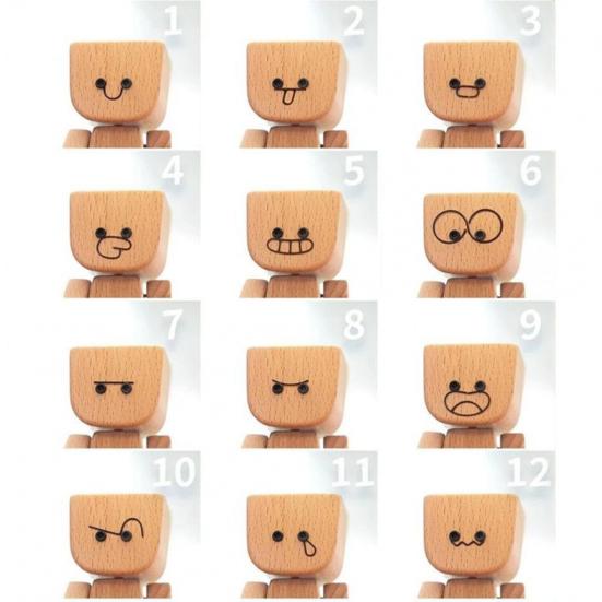 1 Set Shaking Wooden Man Figurine with 12 Expressions Handmade Shaking Feet Wooden Doll Car Dashboard Desktop Decoration