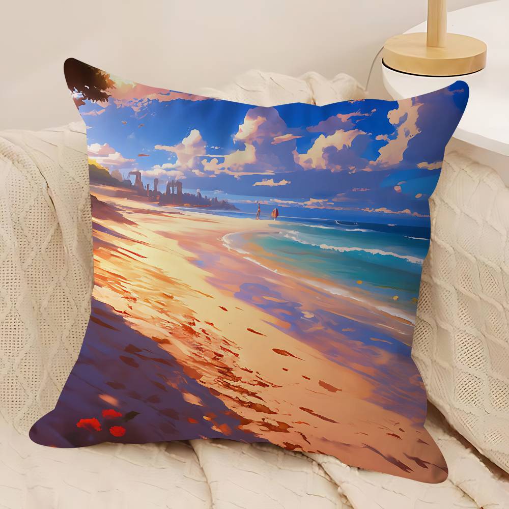 Art Beach Maple Design Cushion Cover Happy Autumn Harvest Decor Holiday Decorati Pillow Cover