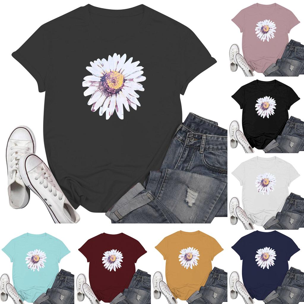 Ladies Casual Chrysanthemum Printed T-Shirt Round Neck Pullover Short Sleeve Top