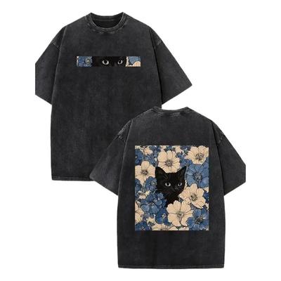 Black Cat Floral Pattern Fun Print Vintage Washed Pure Cotton T-shirt Style American Street Style Suitable for Men and Women