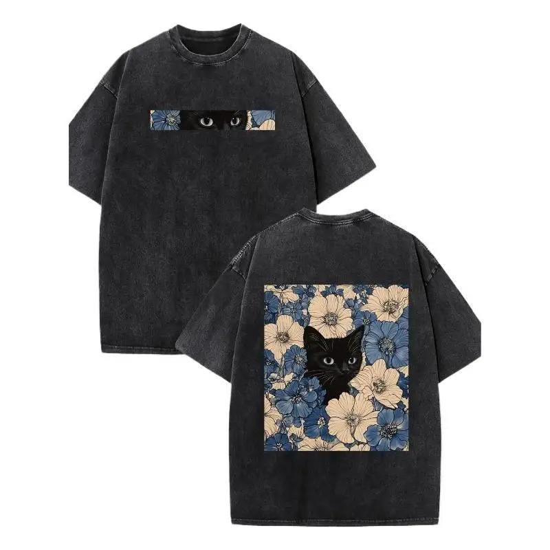 

Black Cat Floral Pattern Fun Print Vintage Washed Pure Cotton T-shirt Style American Street Style Suitable for Men and Women S
