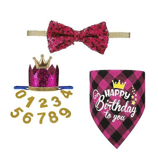 

1 Set Pet Birthday Costume Dog Birthday Bandana Glitter Hat Age Numbers Sparkly Sequined Bow Tie Puppy Birthday Party Supplies рожевий червоний колір