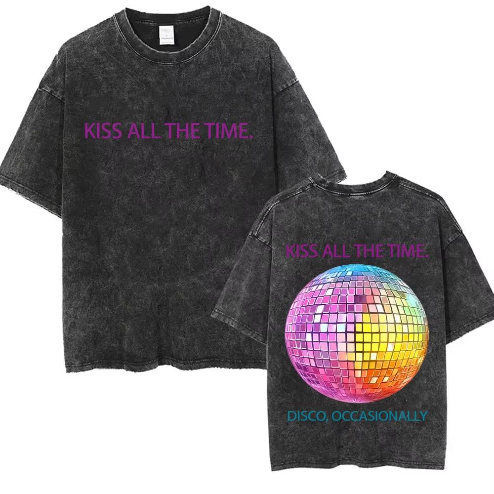 Küss Mich Immer Disco Gelegentlich Gewaschen Vintage T-Shirts Geschenk für Fans Männer Frauen Mode Popmusik Streetwear Männlich Oversized T-Shirt