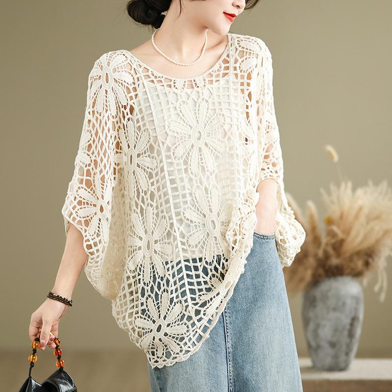 Dimanaf 2025 Ny Sommer Dame Flaggermus T-skjorte Ermeløs Basic Blonder Mote Topper Blonder T-skjorter Casual Løse T-skjorter