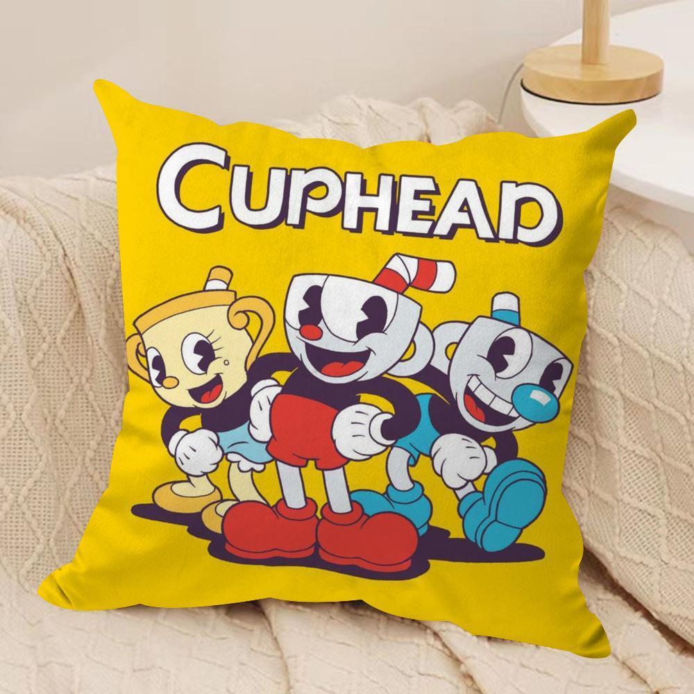 Game CCupheadS Cushion Cover Silky Short Plush DoubleSided Printed Pillow Case for Sofa All Seasons Home Decor Gift