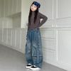 Girls' Retro Wide-Leg Cargo Jeans with Big Pockets - Distressed Loose Fit for Spring & Autumn