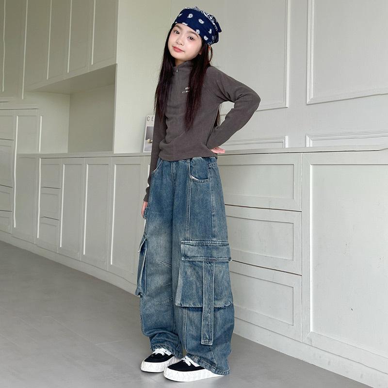 Girls' Retro Wide-Leg Cargo Jeans with Big Pockets - Distressed Loose Fit for Spring & Autumn