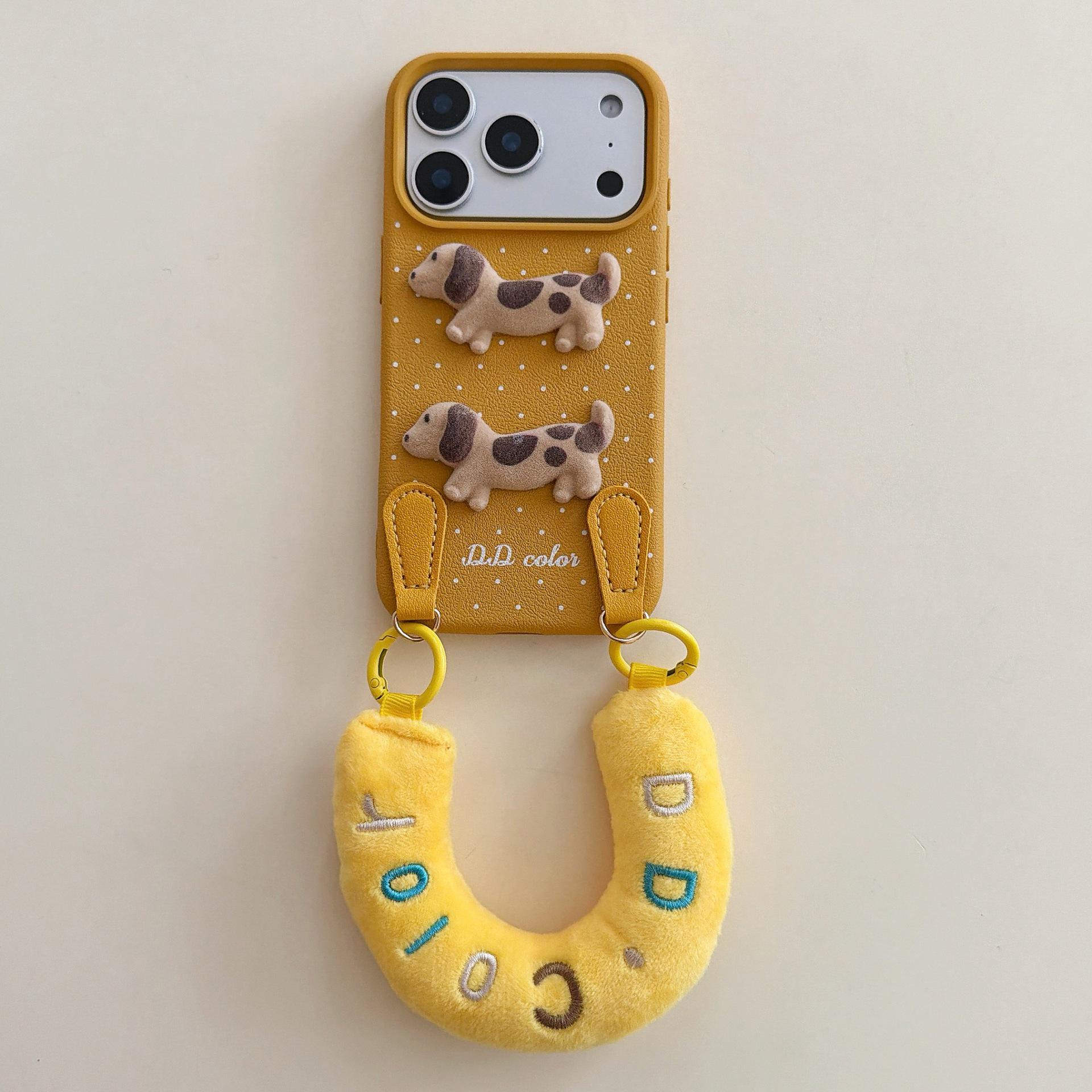 

High-End Korean Style Polka Dot Dog iPhone 16 Case with Cute Wrist Strap iPhone 15 Pro
