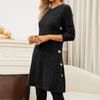 Women's Casual Round Neck Hem Slit Long Sleeve Dress