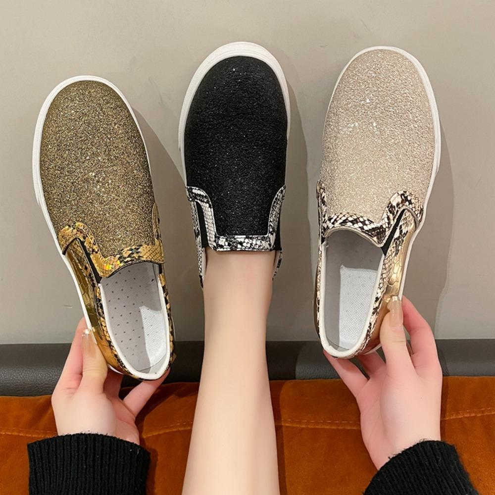 Sequin Flat Shoes Women's Sports Shoes Round Toe Shallow Mouth Sleeve Vulcanized Single Shoes Zapatos De Mujer Size 36-43