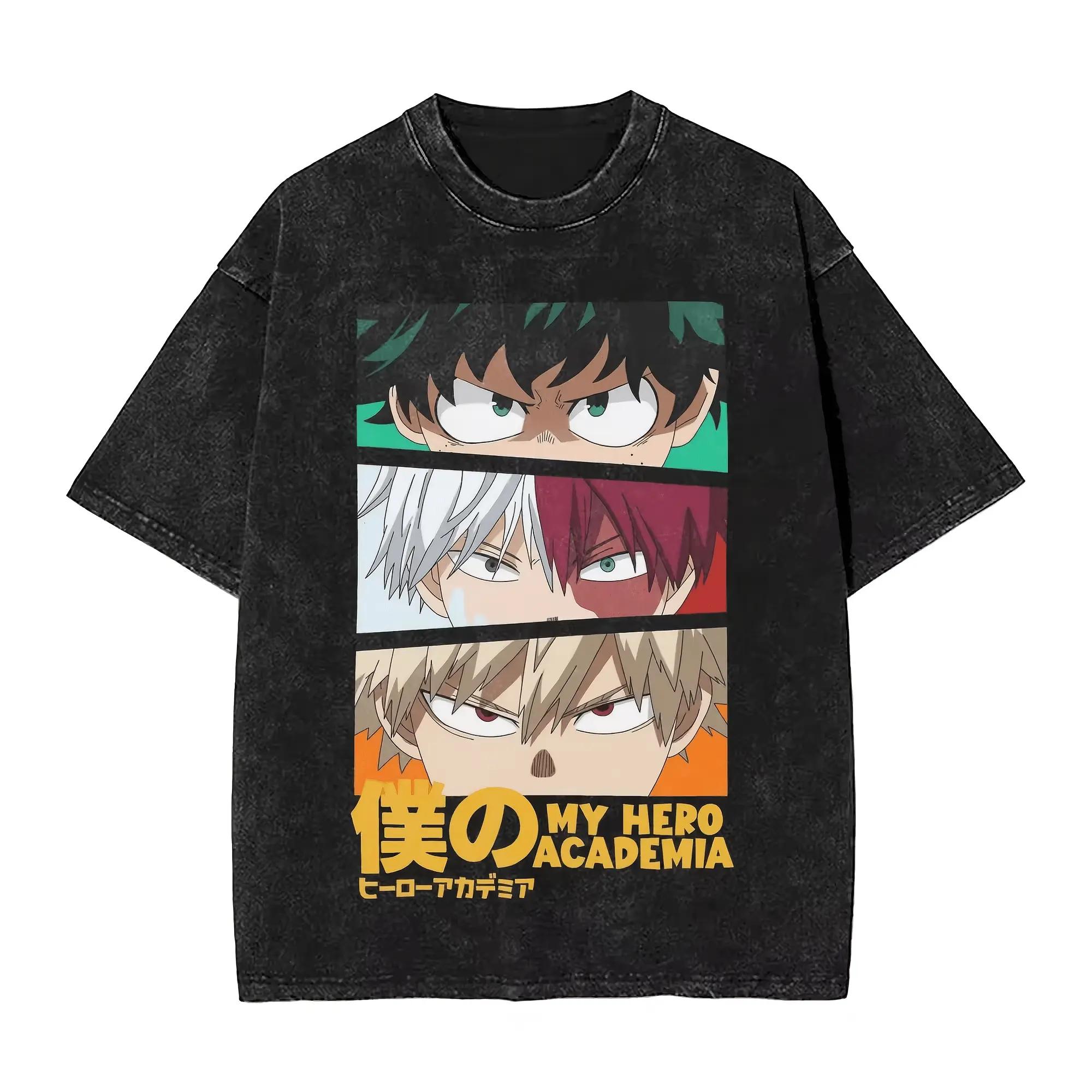 

My Hero Academia Anime T-shirt Men Women Clothing Bakugou Midoriya Washed T Shirt Summer Short Sleeve 100% Cotton Tees Tops XXL чорний