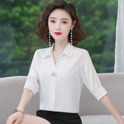 Women's Summer 2024 White V-Neck Chiffon Blouse - Versatile, Casual, Professional Short-Sleeve Top