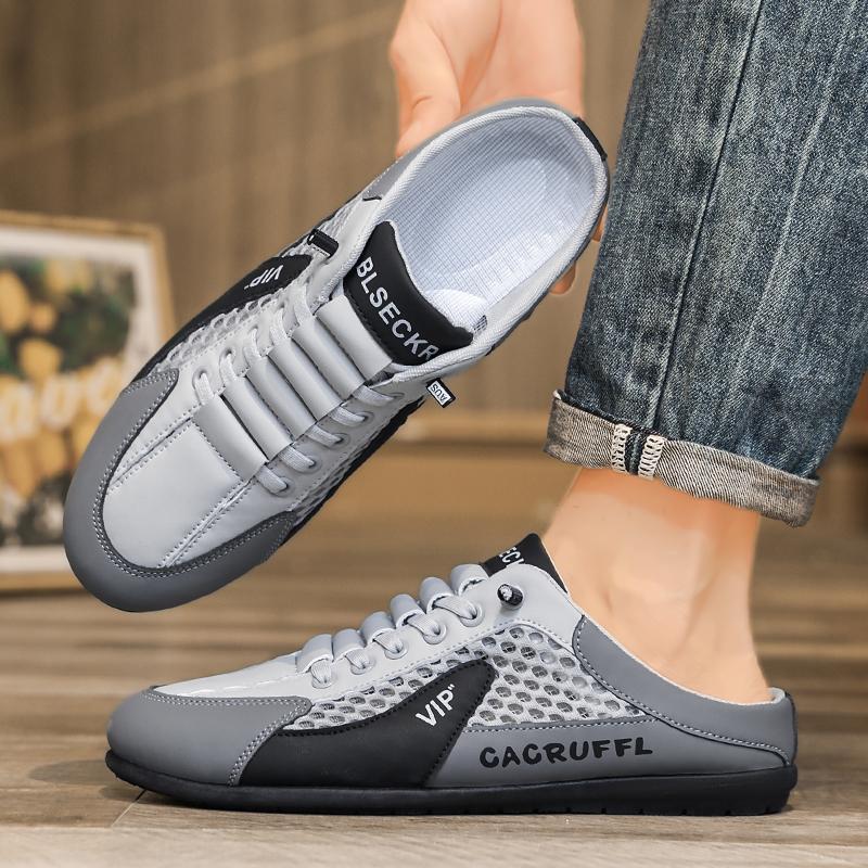 Mens Half Slippers Summer Breathable Mesh Mens Shoes Outdoor Casual Walking Shoes Large Flat Light Mesh Slippers Sandals