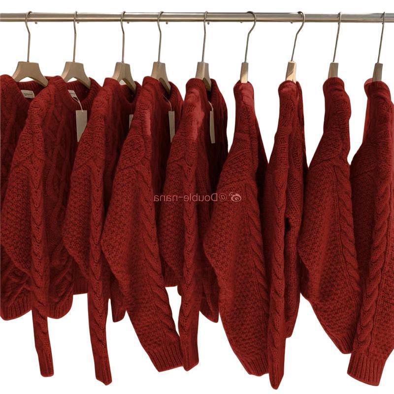 Damen Übergröße Roter Zopfstrickpullover - Dick, Locker, Perfekt für Weihnachten und Winter