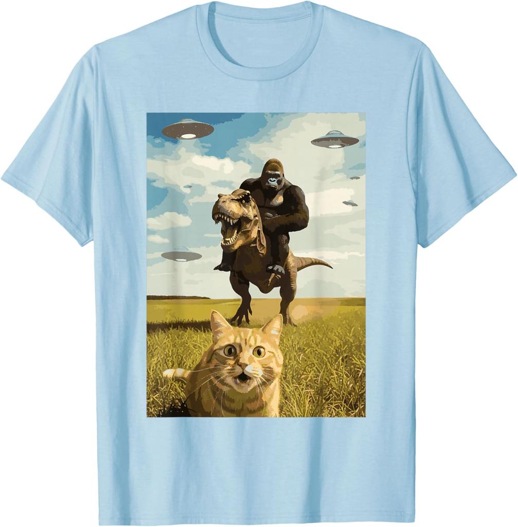 Gorilla Riding T Rex with Cat UFO Meme Graphic Tee Funny Casual Crewneck TShirt for Men