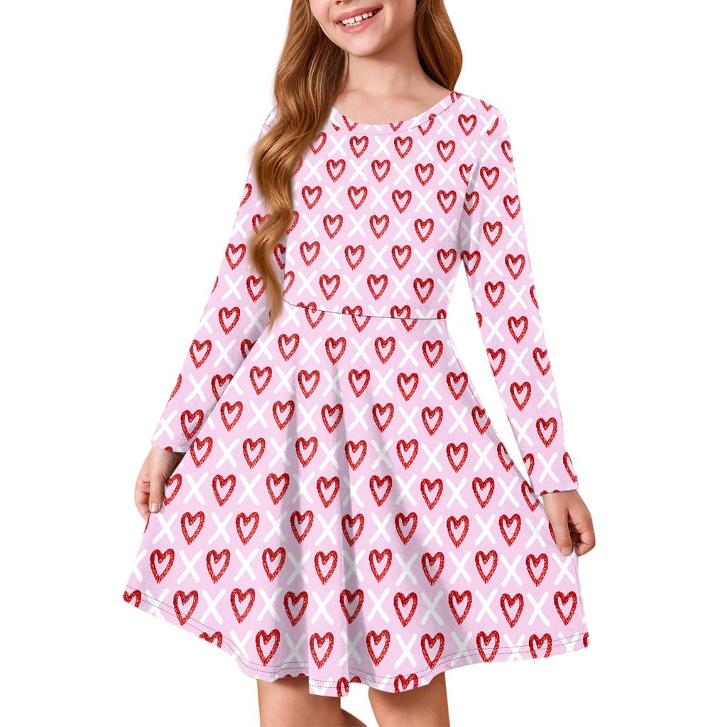 Girls' Summer Princess Dress - Long Sleeve A-Line T-Shirt Dress Valentine's Day