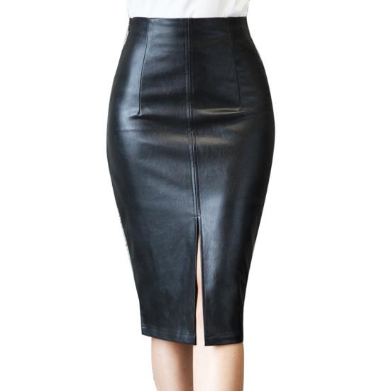 

Stylish Women Solid Color High Waist Faux Leather Front Slit Midi Bodycon Skirt XXL чёрный
