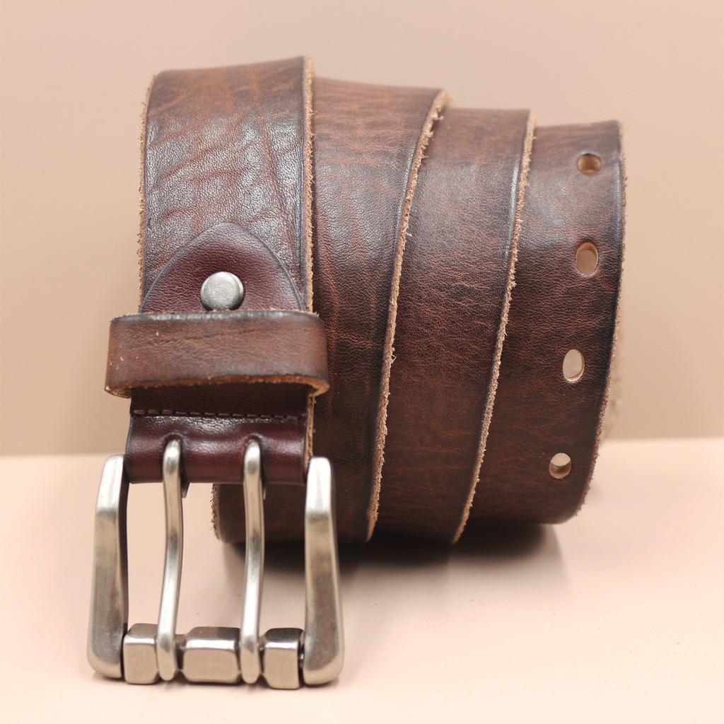 3.8Cm Wide Retro Water Shampoo Layer Pure Cowhide Belt Men'S Genuine Leather Trend Double Needle Women'S Casual Belt
