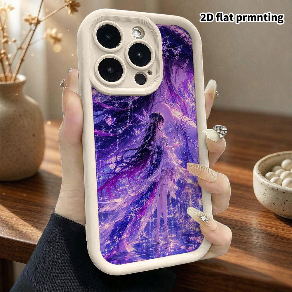 Phone Case: 2D Flat Design Suitable for iPhone 18 17 16 15 14 13 Pro Stepped Protective Case, Fantasy Girl Dark Night Purple Moon, Christmas and Hallo