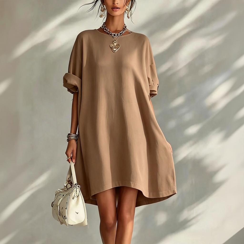 Women’s Loose Fit Casual Solid Crew Neck Dress Relaxed Short Sleeve Style Comfortable Wear