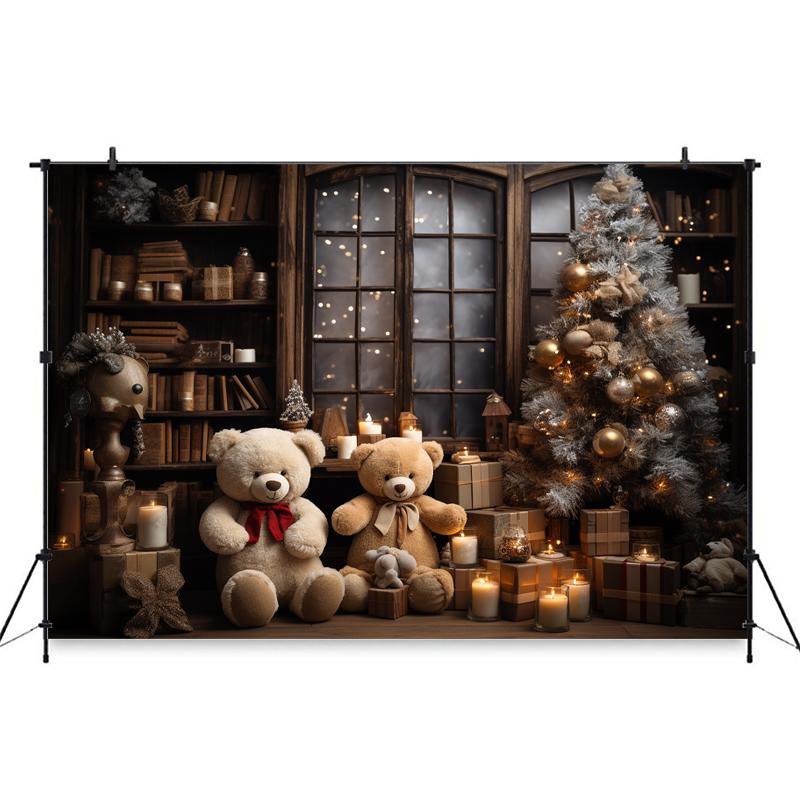 Mocsicka Christmas Photo Background Room Xmas Tree Bookshelf Gifts Bear Decoration Baby Kids Birthday Party Photography Backdrop