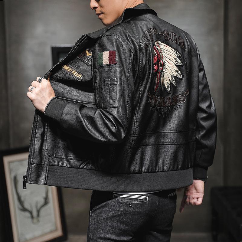 Giacca da uomo in pelle PU Giacca da moto da uomo con bavero ricamato Giacca in pelle casual di tendenza da uomo per primavera e autunno