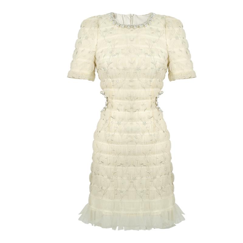 GMXIA Sommerliches Kleid mit süßem Temperament, Rauteneinlage, Rundhalsausschnitt, ausgehöhltem Sticknetz und Holzohren für Damen