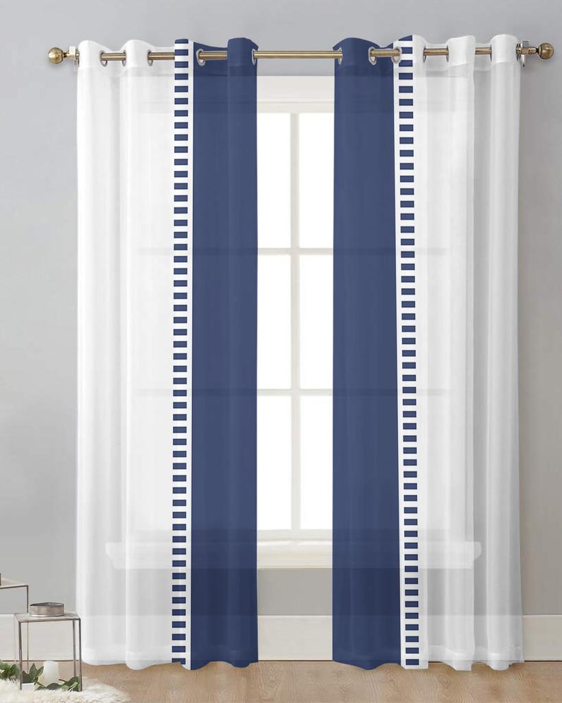 Blue Stripes Texture White Sheer Curtains for Living Room Decoration Window Curtains for Kitchen Tulle Voile Organza Curtains