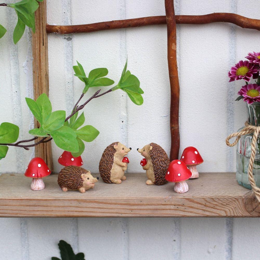 7pcs Cute Animal Sculpture Cartoon Garden Miniatures Figurine Hedgehog Mushroom Statue Office
