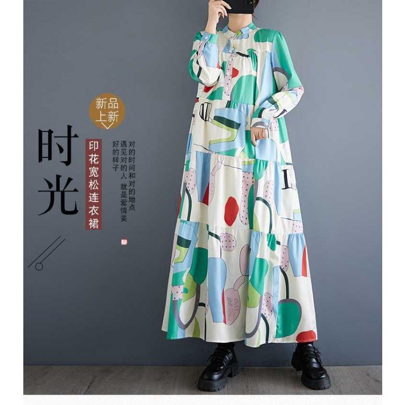 Loose and Thin Fashion Long-sleeved Printed Mid-length Dresses