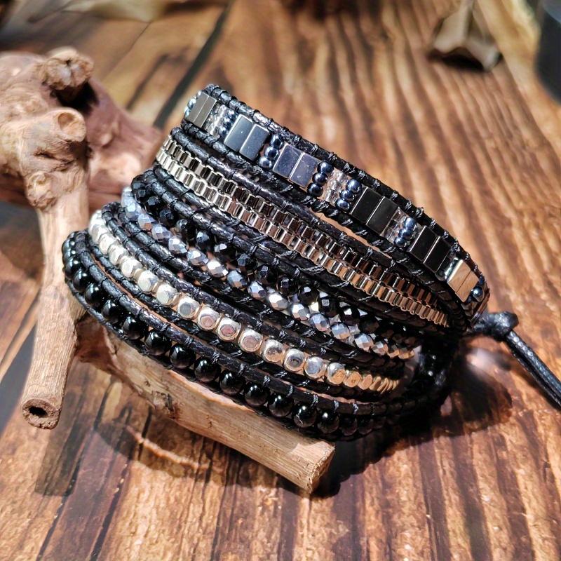 Bohemian style, hand-woven leather cord bracelet with natural black agate - vintage five-layer design, suitable for everyday wear and vacations.