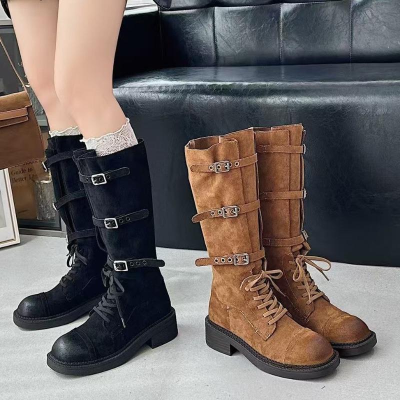 Yangjing velvet belt buckle but knee locomotive boots leather strap thin thick-soled min knight boots boots long boots