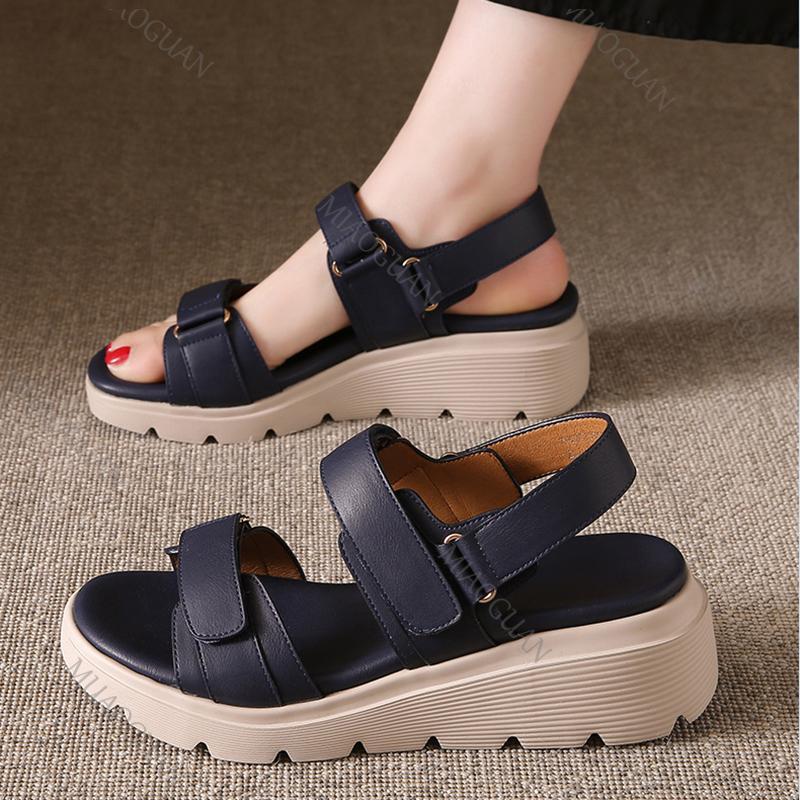 Fashion Retro Thick Bottom Roman Sandals Female Summer New Large Size Versatile Wedges Middle Heel Sandal Casual Solid Open Toe Sandales