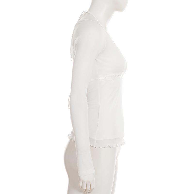 Spicy Girl Mesh Patchwork White Two-Piece Style Ruffle Trim Sheer Long Sleeve Top