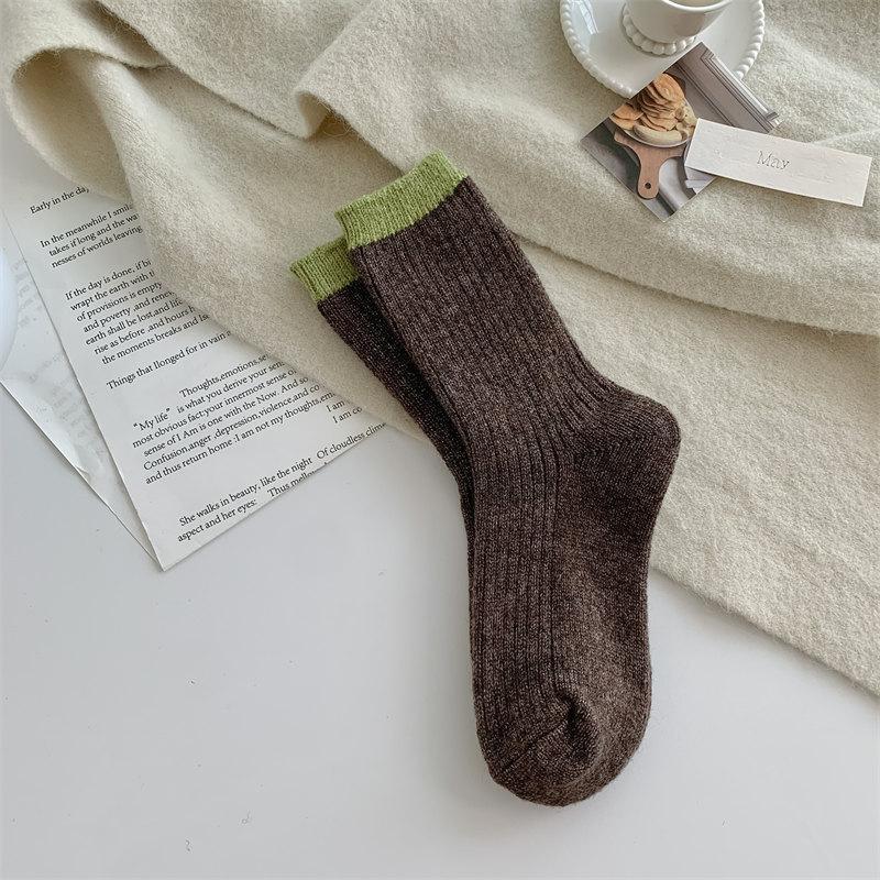 Color-Blocking Double-Needle Merino Wool Socks New Women'S Socks Thickened Warm Mid-Leg Socks Cold-Proof Socks