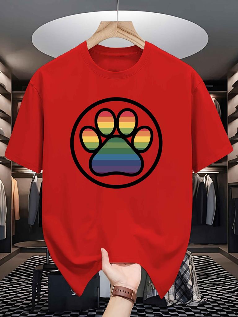 Unisex Crew Neck Tee Rainbow Paw Print Circular Pattern Graphic Soft Cotton Loose Short Sleeve Summer Casual Male Streetwear Tops