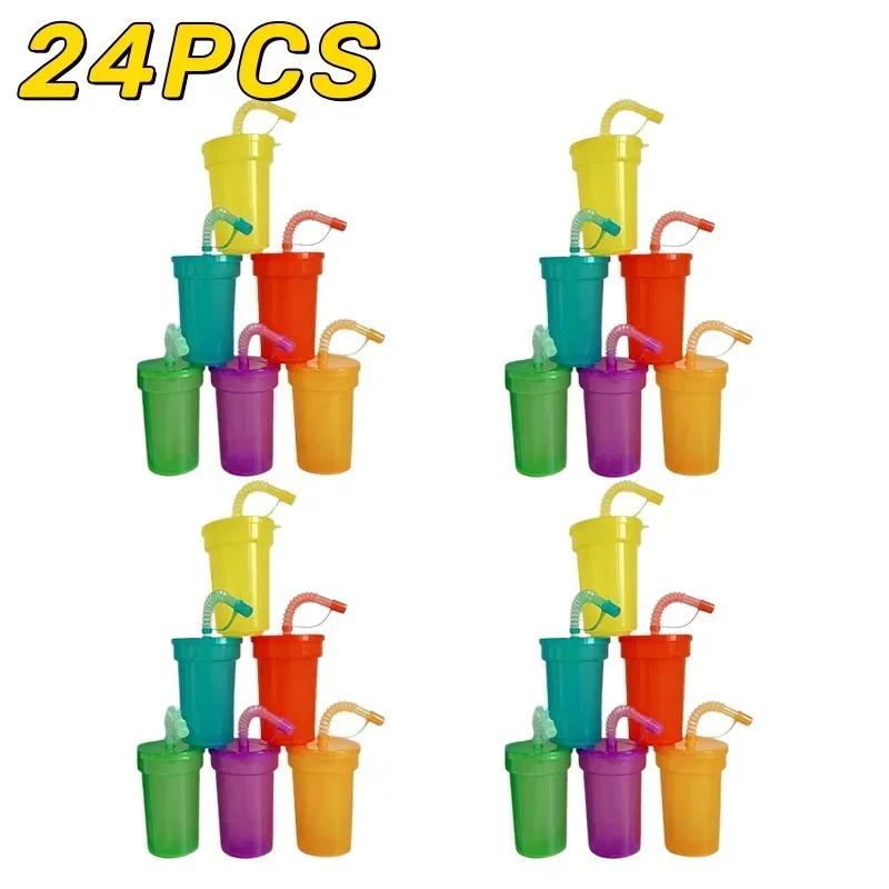 1/2/4Sets Expandable Siphon Straw Cup 6 Color Plastic Juice Mug with Leakproof Lid Portable Travel Home Kids Water Bottle Cup