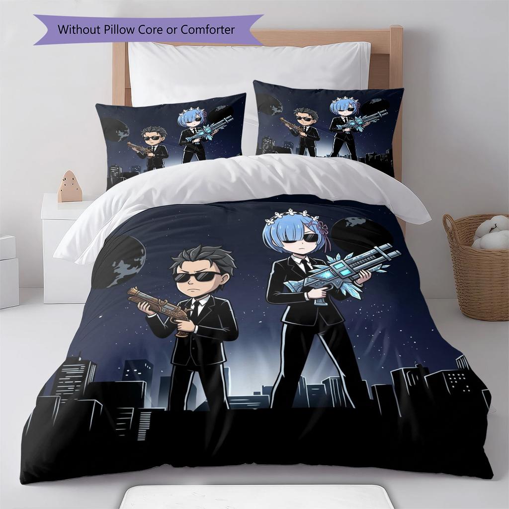 Re Zero Pattern Bedding Quilt Set Quilt Cover Pillowcase Home Birthday Gift(1 * Duvet Cover + 2 * Pillowcase, Without Core)