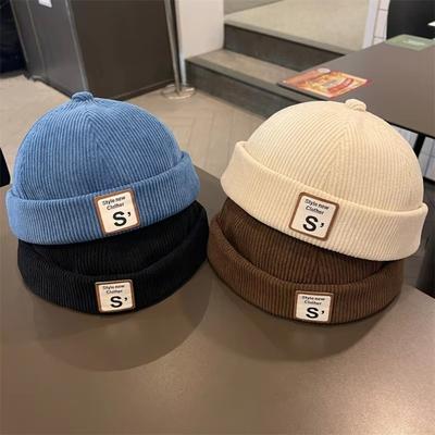 Beanie Hat Corduroy Baby Hat Adjustable Vintage Warm Hat Solid Color Letter Embroidered Brimless Hat Toddler Wear