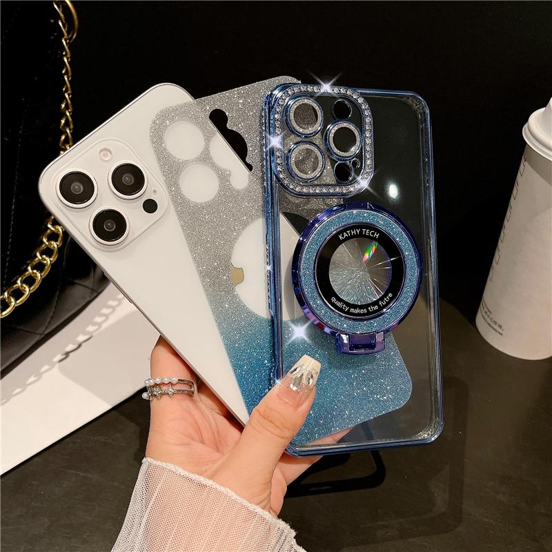 For iPhone 16 Pro Max Luxury Glitter Stand Holder Plating Flash Diamond Frame Phone Case For iPhone 11 12 13 14 15 16 Plus Cover