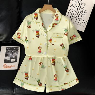 Conjunto de Pijama de Verano de Manga Corta para Mujer de Lujo de Satén de Seda Pijamas lindos de dibujos animados Ropa de Dormir casual Ropa de Casa Ropa de Noche para Mujer