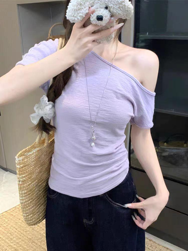 

One-word shoulder babes pleated slanted shoulder short-sleeved T-shirt women s summer niche chic waist sexy off-the-shoulder top l [recommended 57.5-65kg ] фіолетовий