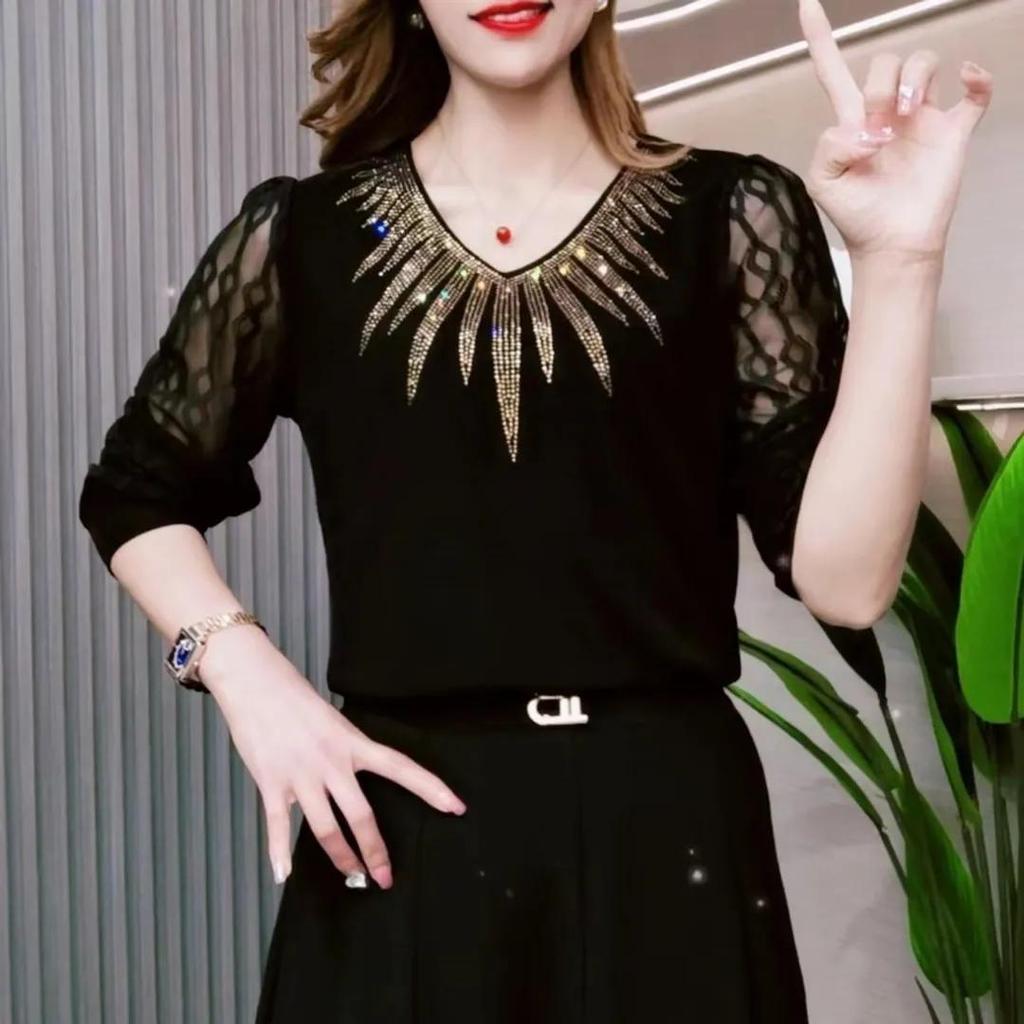 Women Summer Half Sleeve V-Neck Mesh Patchwork T-shirt Elegant Bottoming Shirt