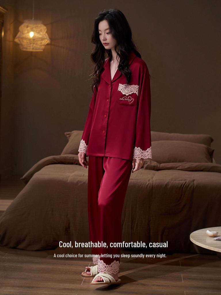 Women's Red Year of the Rat Ice Silk Pajamas - Long Sleeve, Festive Wedding Homewear for Spring/Autumn.