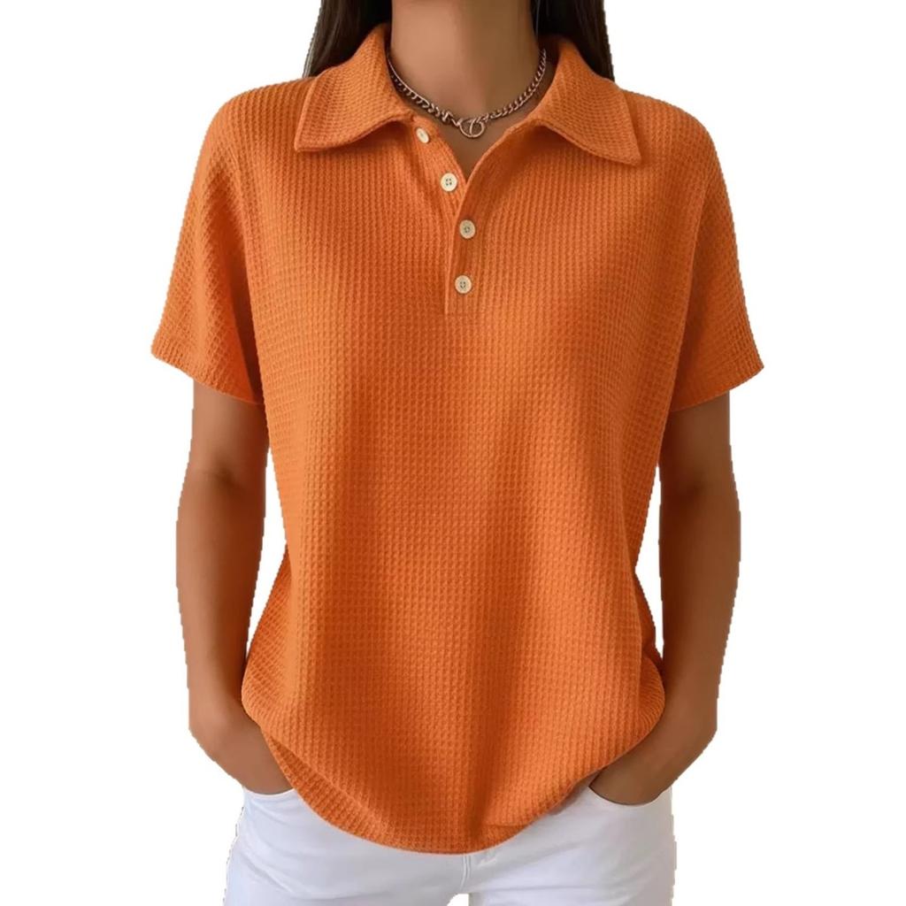 Spring Summer New Solid Color Waffle Loose Short Sleeve Fashion Polo Top Casual Tee for Women