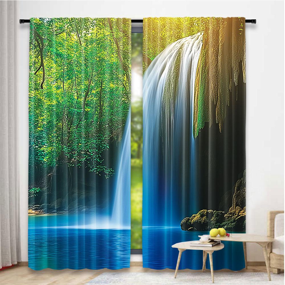 Set Of 2 Woodland Shower Curtain Waterfall Asia Thailand Jungle Tropic Plants Trees Tourist Attraction Living Room Polyester Ideal For Sitting