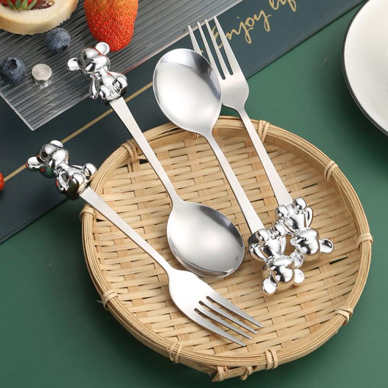 2PCS Bear Cartoon Spoon Fork Creative Fruit Fork Cute Bear Stainless Steel Spoon Western Food Spoon Soup Spoon Dessert Spoon