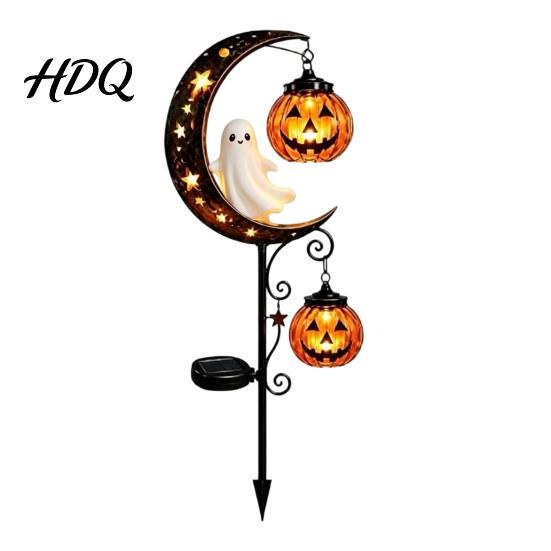 Atmospheric Porch Decoration for Halloween Solar Metal Garden Stake Light Auto On/Off Crescent Moon Black Cat with Hanging Powered Night Decor